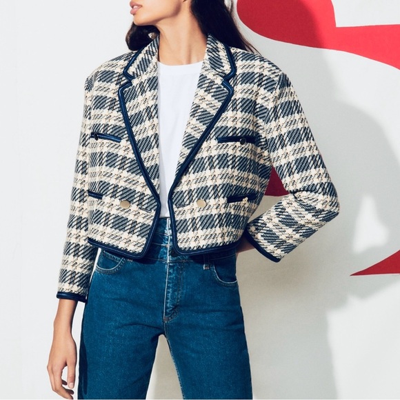 Sandro Navy Plaid Tweed Blazer Jacket EUC - Picture 1 of 16